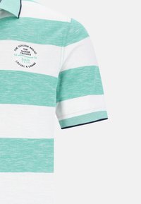 Koszulka polo w białe i miętowe paski, z granatowym kołnierzykiem i haftowanym logo na piersi w ciemnoniebieskim kolorze. Krótkie rękawy.