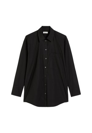 Chemise noire à manches longues avec boutons, col et poche poitrine, présentée à plat sur un fond blanc.