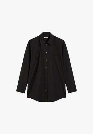Black long-sleeve button-up shirt with collar and chest pocket, displayed flat on a white background.