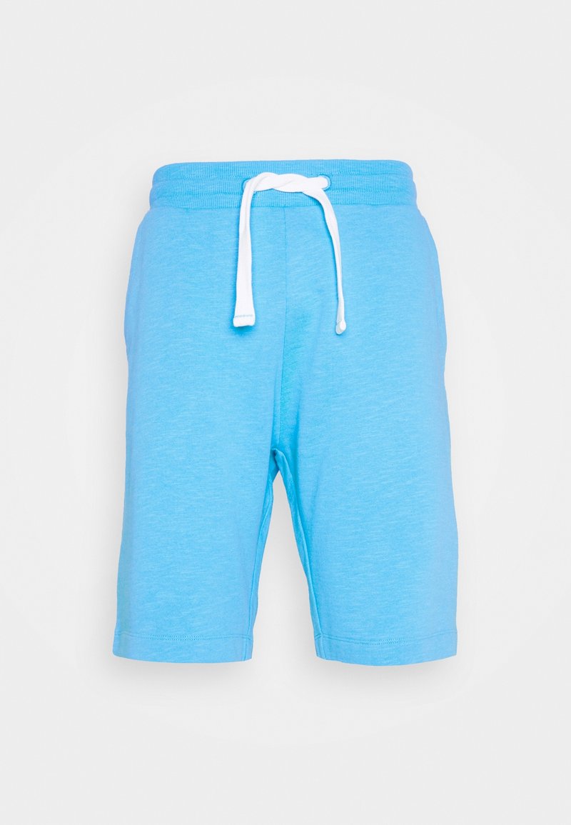 Light blue cotton shorts with an elastic waistband and white drawstring. Features a simple design and knee-length cut.
