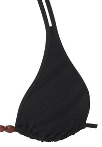 Top bikini nero con coppe triangolari, tessuto testurizzato con motivi geometrici, spalline regolabili e dettagli in perline di legno alla base.