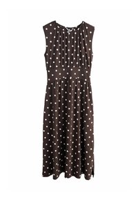 Robe sans manches marron à pois blancs, avec un décolleté froncé et une taille empire. Présente une jupe fluide avec des fentes sur les côtés.