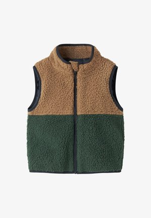 Veste sans manches en polaire avec fermeture éclair à l'avant, avec une moitié supérieure marron et une moitié inférieure vert foncé, et une bordure noire autour des contours.