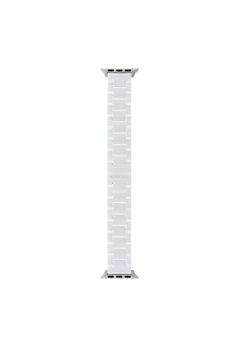 Bracciale per smartwatch in silicone bianco con link rettangolari e attacco grigio. Caratterizzato da una texture liscia e un design minimalista.