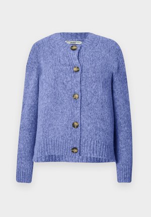Knit cardigan in purple with a round neck, long sleeves, and button-front closure. Features five dark gold buttons and a textured finish.