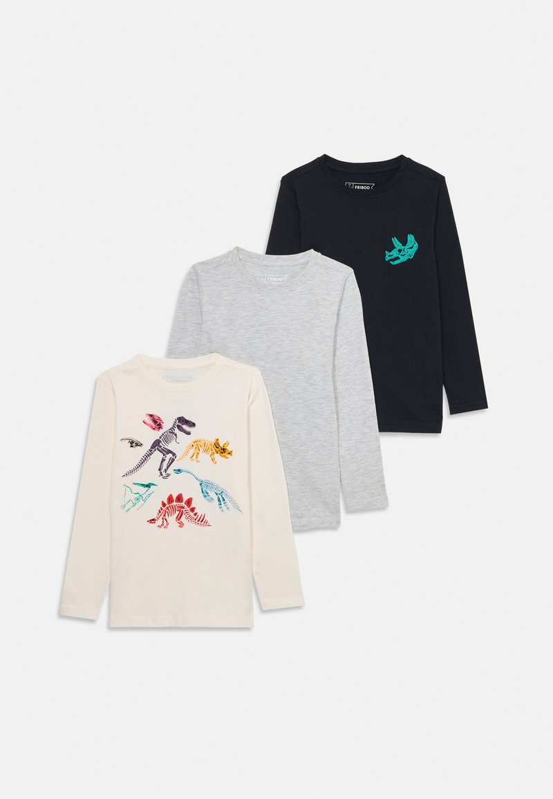 Drei langärmlige T-Shirts: cremefarben mit Dinosaurier-Drucken, hellgrau und marineblau mit einer Dinosaurier-Grafik, aus Baumwolle.