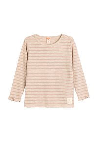 Langærmet bluse i lys beige med tynde lyserøde striber, med flæser ved manchetterne og et lille stoffik på kanten med teksten "Cute Girl".