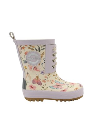 Børns vandtætte regnstøvle, off-white med blomstermønster og sommerfugle, lavet af gummi, grå accenter og en tekstureret sål.