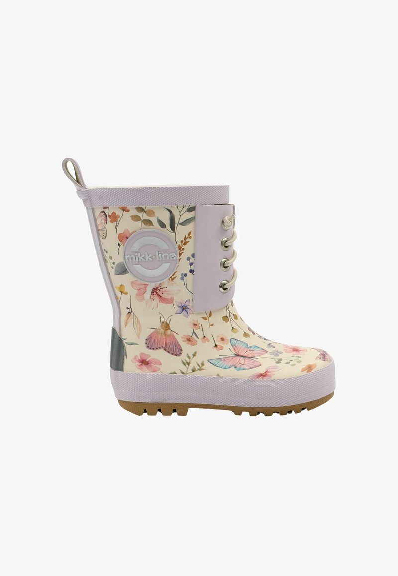Botte de pluie imperméable pour enfants, couleur blanc cassé avec un motif floral et papillons, en caoutchouc, accents gris et semelle texturée.