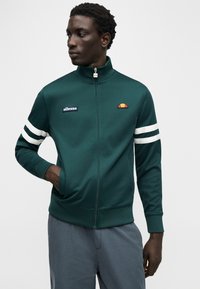 Πράσινο μπουφάν με φερμουάρ και ψηλό γιακά, λευκές ρίγες στα μανίκια, κεντημένο λογότυπο στο στήθος και πλαϊνές τσέπες. Μαλακή υφή.