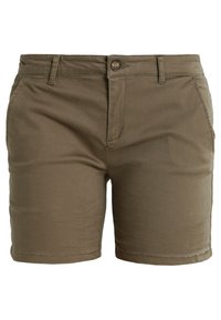 Shorts in cotone marrone con bottone frontale, zip, passanti per cintura e tasche laterali, progettati per un look casual.