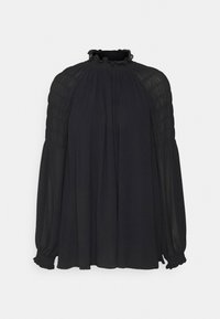 Blusa nera a maniche lunghe con alto collo arricciato, dettagli arricciati sulle spalle e polsini elasticizzati, realizzata in tessuto leggero.