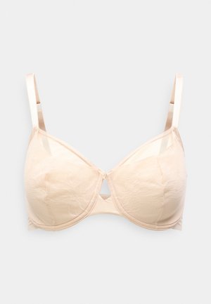 Beige blondesekk BH med glatt stoff, med bøyle, lett polstrede kopper, dekorativ detalj foran og justerbare stropper.