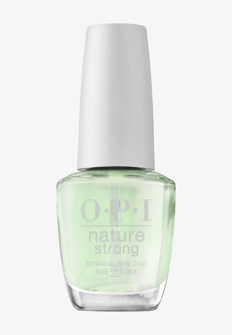 Bottiglia di smalto per unghie in vetro trasparente con base quadrata e cima arrotondata. Base coat verde chiaro con un tappo opaco bianco. Testo sulla bottiglia: "O.P.I nature strong."