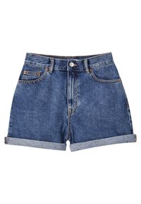 Pantalones cortos de mezclilla azul con una cintura alta, dobladillos enrollados, cinco bolsillos y herrajes de cobre, con un lavado clásico y costuras visibles.