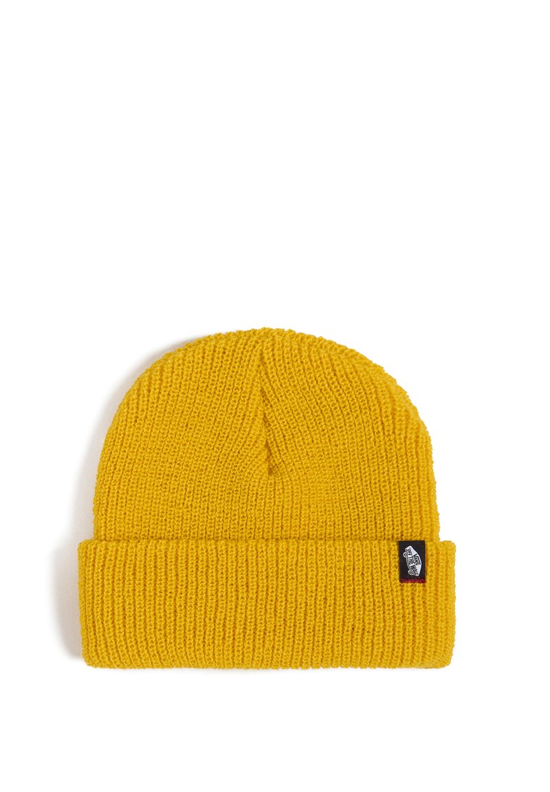 Berretto lavorato a maglia giallo con risvolto e costina texturizzata. Presenta un piccolo etichetta nera sul lato.