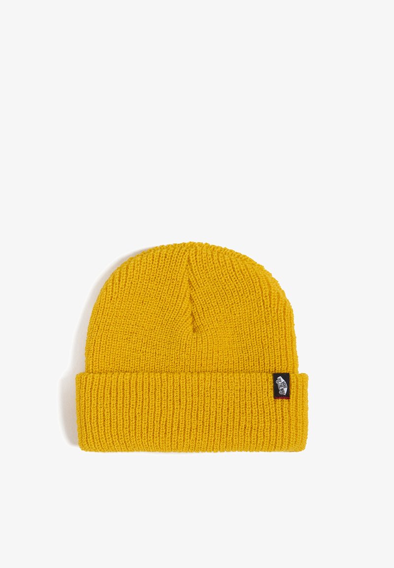 Yellow knitted beanie hat with a folded cuff and textured ribbing. Features a small black tag on the side.