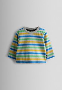 Dryžuota ilgomis rankovėmis marškiniai mėlynos, žalios, geltonos ir pilkos spalvų, su pilku apykakle ir mygtuko detalėmis kairėje peties pusėje. Pagaminta iš medvilnės.