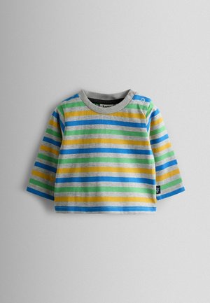 Raidallinen pitkähihaista paita sinisessä, vihreässä, keltaisessa ja harmaassa, jossa on harmaa kaulus ja nappidetali vasemmalla olkapäällä. Puuvillasta valmistettu.