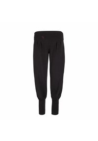 Schwarze Hose mit einem breiten, gerafften Bund, der vorne Falten hat und an den Knöcheln schmal zuläuft. Weicher Stoff, minimaler Detailreichtum.