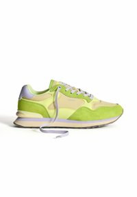 Green and beige athletic shoe with a suede and mesh upper, featuring a padded tongue, light purple accents, and a flexible rubber sole.