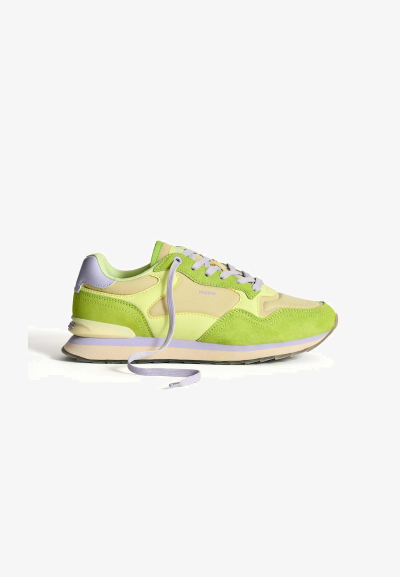 Green and beige athletic shoe with a suede and mesh upper, featuring a padded tongue, light purple accents, and a flexible rubber sole.