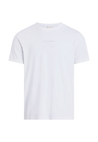 T-shirt bianco in cotone con scollo rotondo e maniche corte. Presenta un logo Calvin Klein grigio sottile stampato sul petto. Texture morbida.