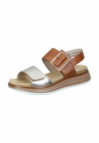 Brown and metallic silver sandal with a wide strap, adjustable buckle, and cushioned footbed. Textured sole for grip and comfort.
