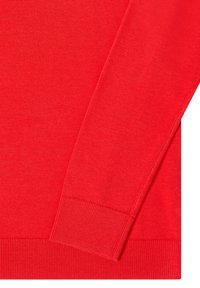 Pull tricot rouge présentant une texture douce, des manches longues, des poignets côtelés et un ourlet côtelé. Design simple sans motifs ni accents visibles.