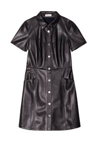 Robe en cuir noir à manches courtes, fermeture à boutons sur le devant, col, deux poches avant et des détails cousus pour la structure et la forme.