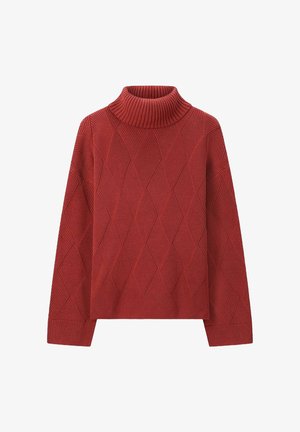 Rode gebreide trui met een ruitpatroon, hoge kraag en lange mouwen met een geribbeld textuur. Gekort ontwerp aan de onderkant.