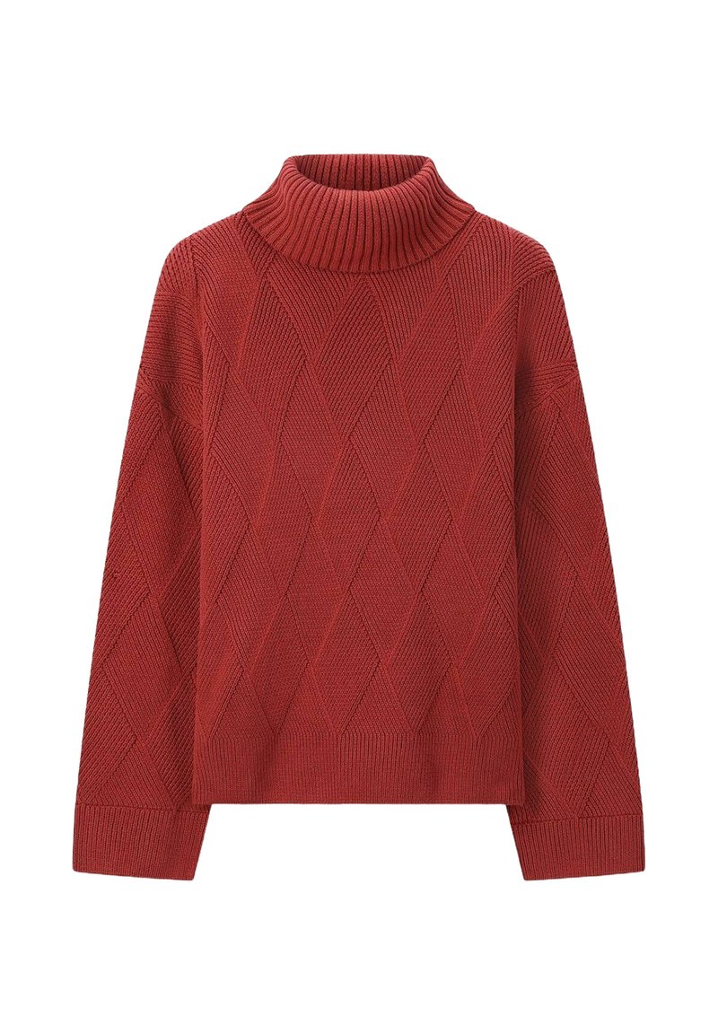 Pull en tricot rouge avec un motif en losanges, col roulé et manches longues à texture côtelée. Design avec une longueur cropped.