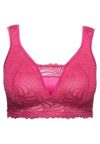 Kant bralette in een verloop van roze met een glad middenpaneel en een geschulpte zoom. Bevat brede banden en een gedetailleerd bloemenkantpatroon.