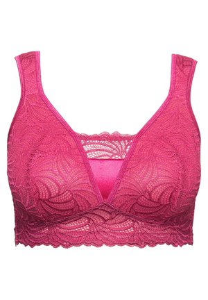 Kant bralette in een verloop van roze met een glad middenpaneel en een geschulpte zoom. Bevat brede banden en een gedetailleerd bloemenkantpatroon.