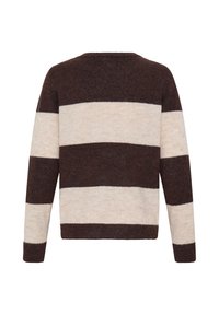Pull à manches longues marron et beige avec de larges rayures horizontales, vu de dos, fond uni.