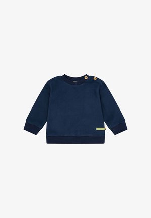 Marineblaues Fleece-Sweatshirt mit Rundhalsausschnitt, langen Ärmeln und gerippten Bündchen. Zwei Holzknöpfe an der Schulter; dezente Etikettendetails.