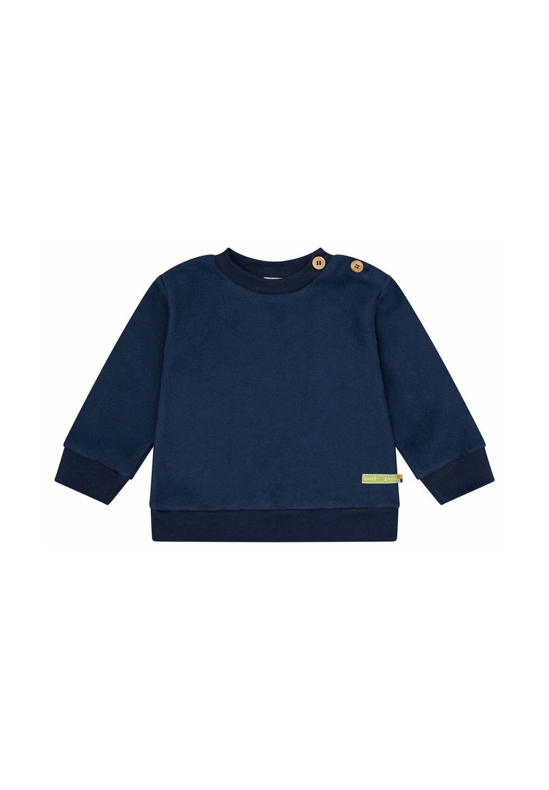 Marineblaues Fleece-Sweatshirt mit Rundhalsausschnitt, langen Ärmeln und gerippten Bündchen. Zwei Holzknöpfe an der Schulter; dezente Etikettendetails.