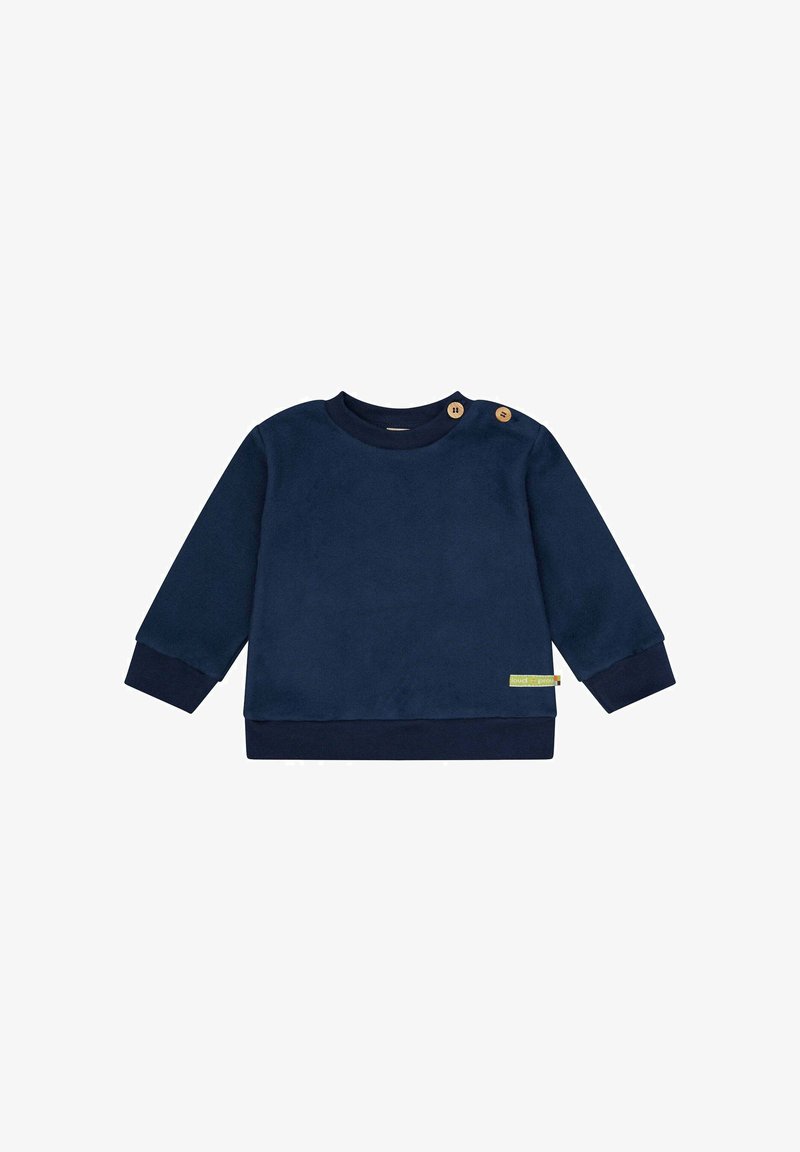 Marineblaues Fleece-Sweatshirt mit Rundhalsausschnitt, langen Ärmeln und gerippten Bündchen. Zwei Holzknöpfe an der Schulter; dezente Etikettendetails.