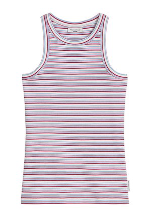 Biały bezrękawnik z prążkowanego materiału z cienkimi poziomymi czerwonymi i niebieskimi paskami, okrągłym dekoltem i metką marki wewnątrz kołnierza.