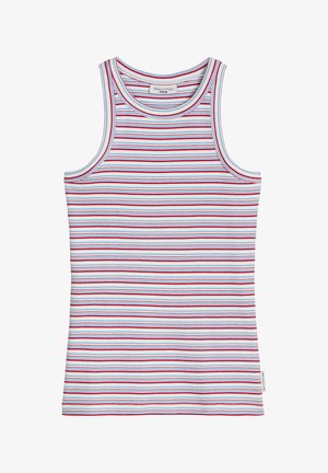 Biały bezrękawnik z prążkowanego materiału z cienkimi poziomymi czerwonymi i niebieskimi paskami, okrągłym dekoltem i metką marki wewnątrz kołnierza.