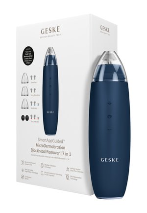 Mørkeblå Geske mikrodermabrasion hudormfjerner med klar spids, vist ved siden af sin hvide emballage med detaljer om funktioner og tilbehør.