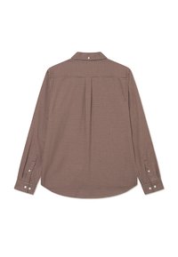 Bruin en wit geruit overhemd met lange mouwen, een button-down kraag, rugplooien en knoopsluitingen op de manchetten. Glad katoen stof.