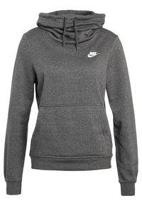 Grå Nike-hoodie med krage, långa ärmar och en framficka i kängurustil. Har en liten vit logotyp på vänster bröst. Mjuk tygkänsla.