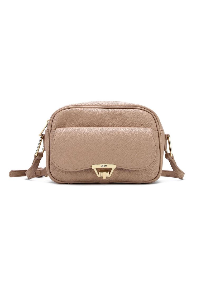 Borsa a tracolla in pelle marrone chiaro con superficie texturizzata, dotata di tasca frontale e dettagli in metallo dorato. Include una tracolla regolabile.