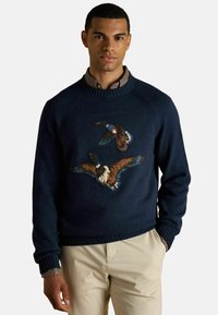 Tumedat kootud sviitrid, millel on tekstuurne muster lendavatest lindudest pruunis ja kreemis. Ribitud krae ja varrukad, kantud ruudulise särgi peale.