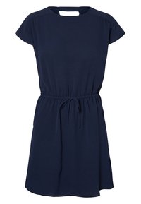 Námořnické modré šaty vyrobené z lehkého materiálu, s krátkým rukávem, kulatým výstřihem a elastickým pasem se šňůrkou pro nastavení.