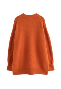 Maglione lavorato a maglia arancione tenue con maniche lunghe, collo a giro e polsini e orlo a coste, mostrato di spalle su uno sfondo bianco.
