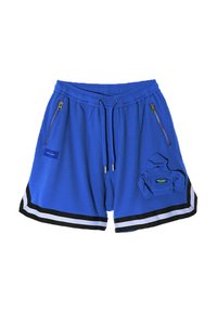Pantalones cortos azules hechos de tela texturada con cinturilla elástica, dos bolsillos con cremallera y acentos a rayas en blanco y negro en el dobladillo.