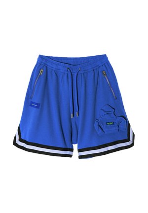 Pantalones cortos azules hechos de tela texturada con cinturilla elástica, dos bolsillos con cremallera y acentos a rayas en blanco y negro en el dobladillo.