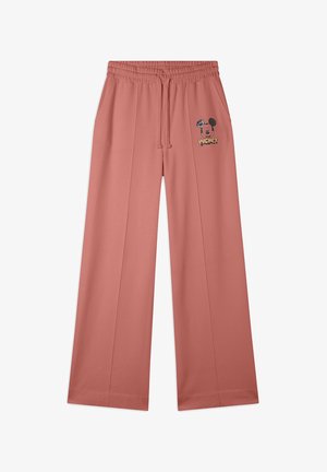Pantalones anchos rosa con una cintura elástica, cordón de ajuste y un gráfico impreso de Mickey Mouse en el muslo izquierdo. Material de algodón suave.